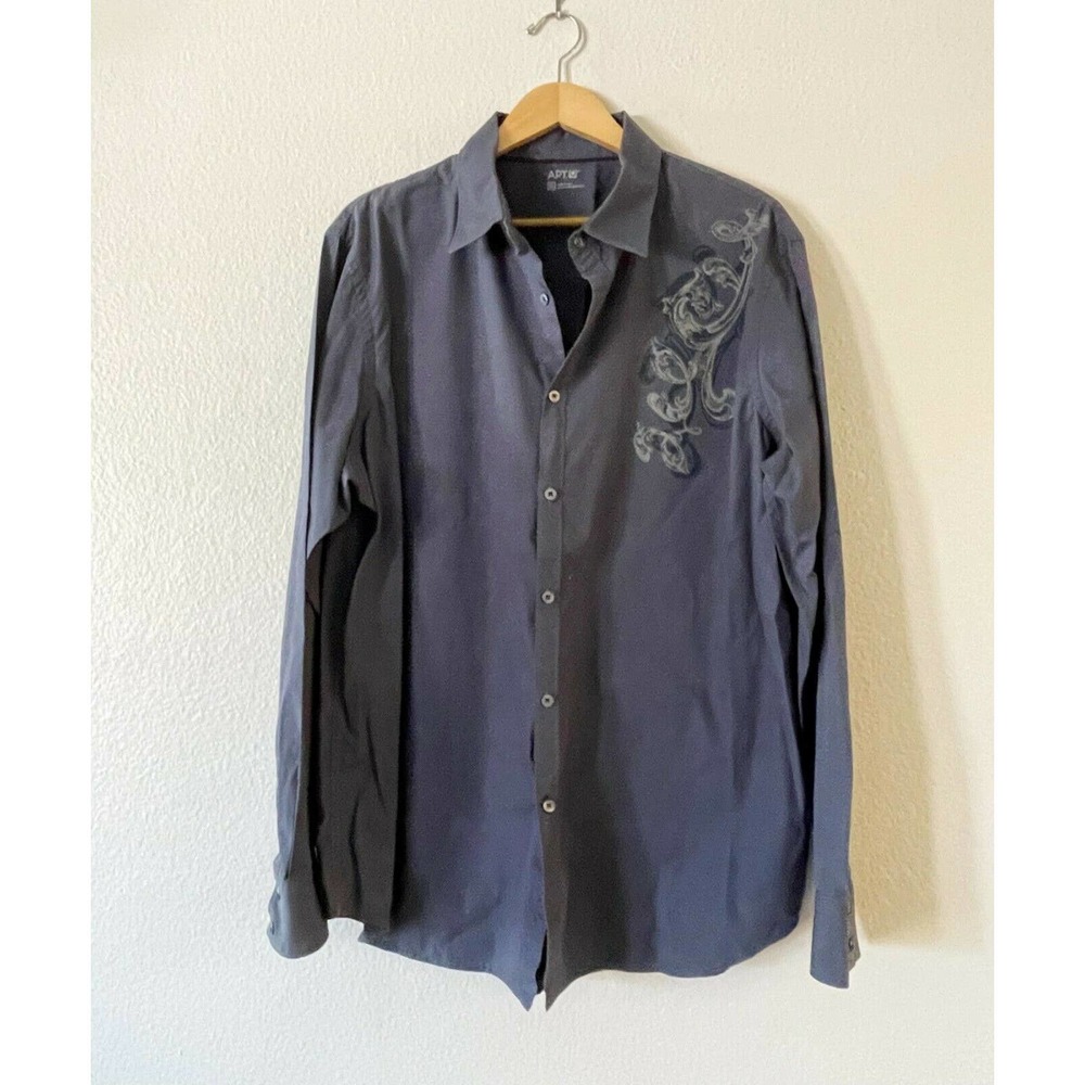 Apt 9 Men's Size XL Button Up Shirt Long Sleeve Script Design 100% Cotton Blue